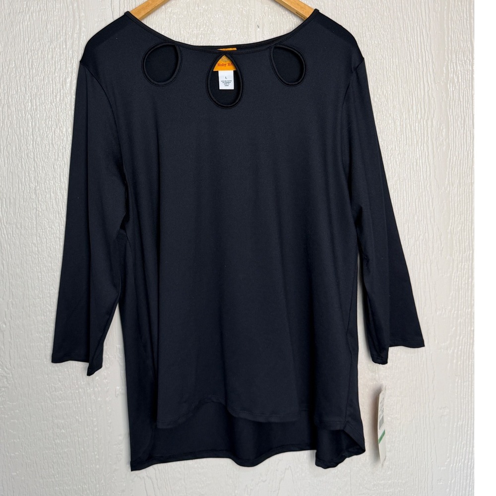 Ruby Rd Womens Black Triple Cutout Neck 3/4 Sleeve Top City Casual Large NWT